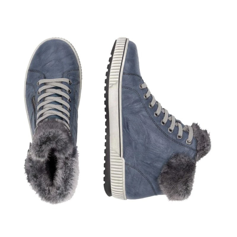 Rieker D0780 womens navy lace up boots with fur