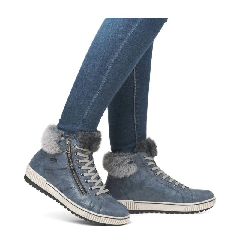 Rieker D0780 womens navy lace up boots with fur