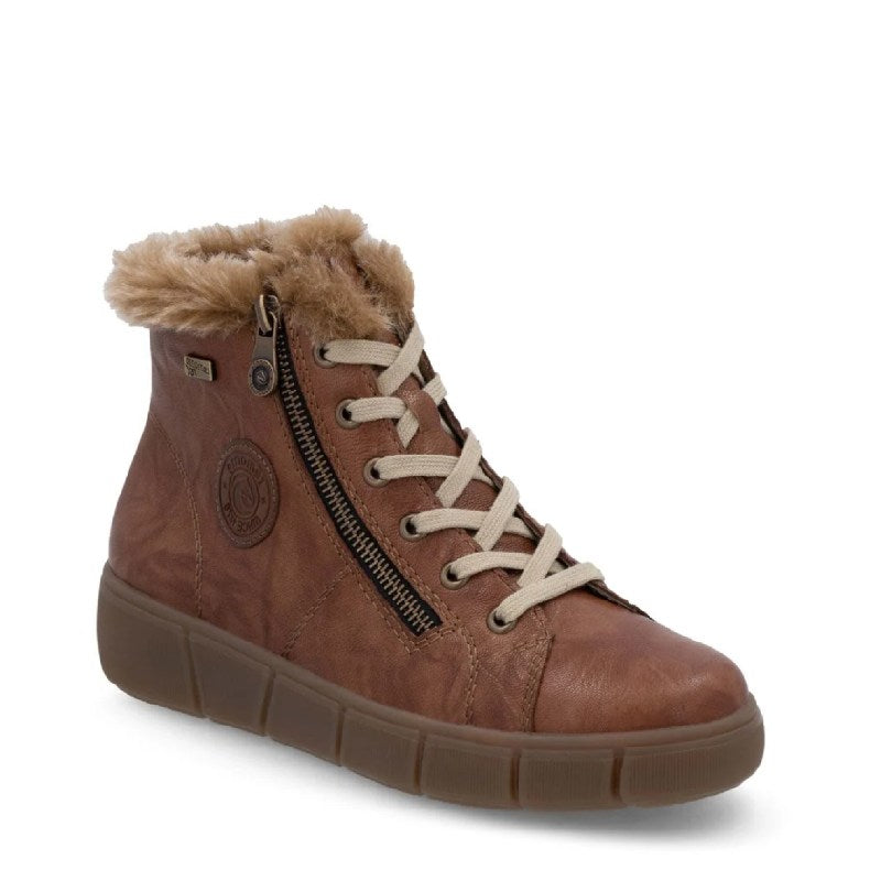 Rieker D1T72 tan womns fur lined lace up boot