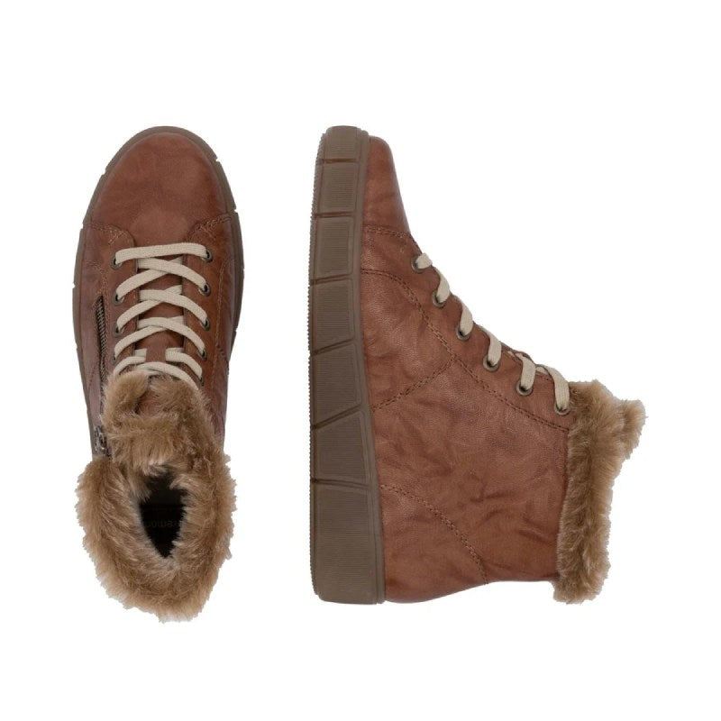 Rieker D1T72 tan womns fur lined lace up boot