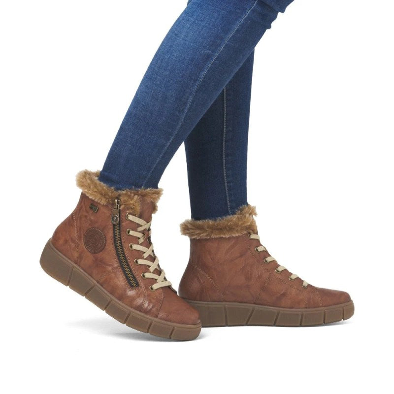Rieker D1T72 tan womns fur lined lace up boot