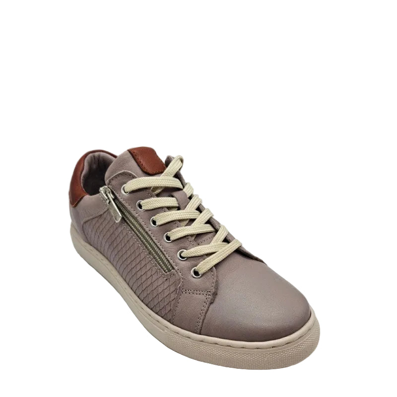Brown sneaker with a zipper on a gray background