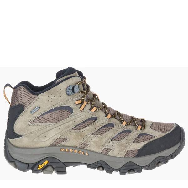 A brown Merrell Moab 3 GTX Mid hiking boot with a mesh upper and a rubber outsole designed for men.